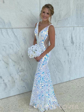 Deep V-neck Sequins Mermaid Long Evening Prom Dresses, Sparkly Custom Prom Dress, MR9098