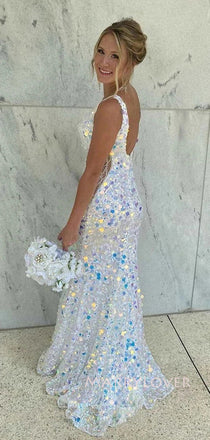 Deep V-neck Sequins Mermaid Long Evening Prom Dresses, Sparkly Custom Prom Dress, MR9098