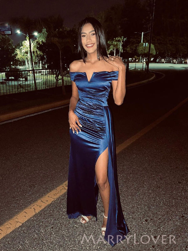 Popular Navy Blue Satin Mermaid Long Evening Prom Dresses, Off Shoulder Prom Dress, MR9105