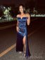 Popular Navy Blue Satin Mermaid Long Evening Prom Dresses, Off Shoulder Prom Dress, MR9105