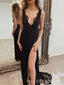 Formal V-neck Black Lace Side Slit Long Evening Prom Dresses, MR9109