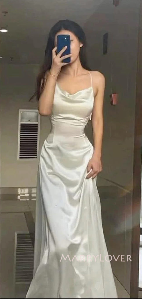 Spaghetti Straps Ivory Satin Long Evening Prom Dresses, Cheap Wedding Dress, MR9112
