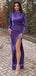 Purple Satin Mermaid Long Sleeves Long Evening Prom Dresses, Side Slit Prom Dress, MR9118