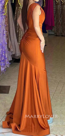 V-neck Burnt Orange Satin Mermaid Long Evening Prom Dresses, MR9119
