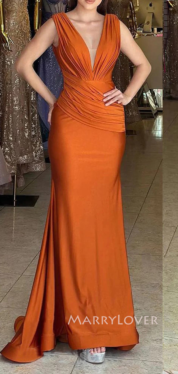 V-neck Burnt Orange Satin Mermaid Long Evening Prom Dresses, MR9119 MarryLover V-neck Burnt Orange Satin Mermaid Long Evening Prom Dresses, MR9119 MarryLover