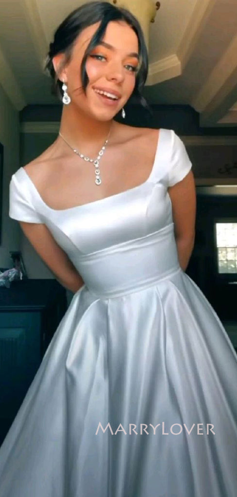 Gorgeous Ivory Satin A-line Long Evening Prom Dresses, Formal Wedding Dress, MR9121
