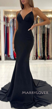 Sexy Backless Mermaid Black Spaghetti Straps Long Evening Prom Dresses, V-neck Prom Dress, MR9128