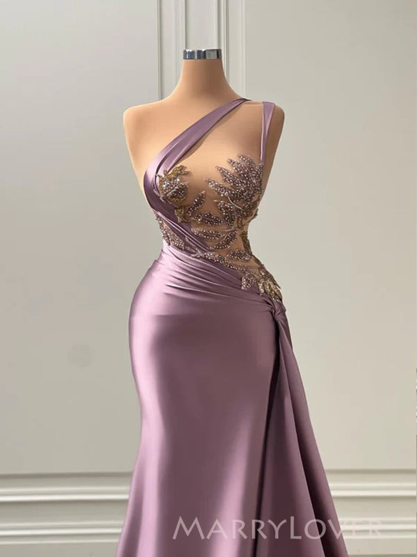 One Shoulder Satin Mermaid Long Evening Prom Dresses, See Thrpugh Prom Dress, MR9132