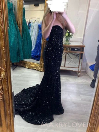 Navy Blue Sequins Mermaid Sweetheart Long Evening Prom Dresses, MR9147