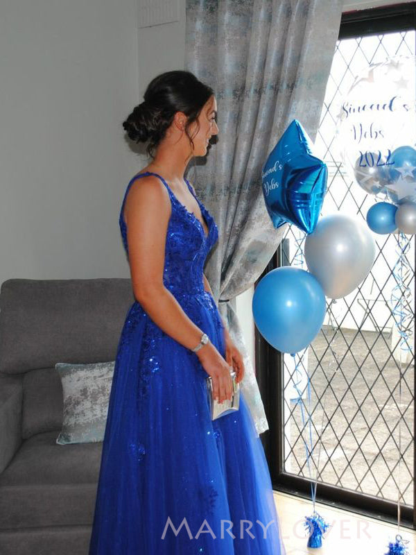 Royal Blue Tulle Appliques A-line V-neck Long Evening Prom Dresses, MR MarryLover Royal Blue Tulle Appliques A-line V-neck Long Evening Prom Dresses, MR MarryLover