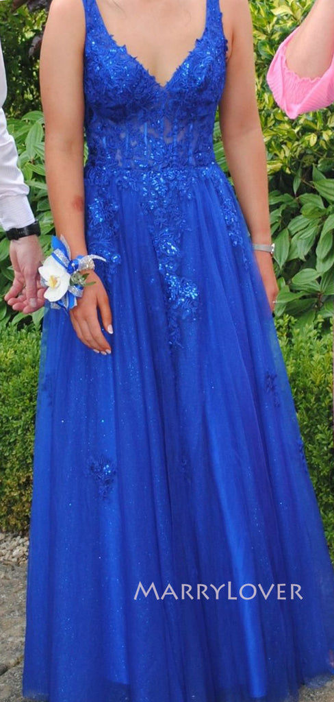 Royal Blue Tulle Appliques A-line V-neck Long Evening Prom Dresses, MR9148