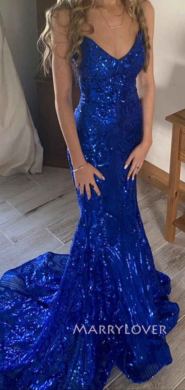 blue sparkly prom dress Mermaid Royal Blue Sparkly Sweetheart Long Evening Prom Dresses, MR915 – MarryLover