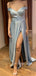 Blue Satin Off Shoulder High Slit Long Evening Prom Dresses, A-line Prom Dress, MR9154