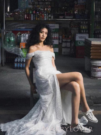 Gorgeous White Sequins Off Shoulder Long Evening Prom Dresses, MR9161