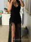 See Through Black Sequins Mermaid V-neck Long Evening Prom Dresses, MR9170