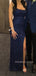 Elegant Navy Blue Sequins Spaghetti Straps Long Evening Prom Dresses, MR9185