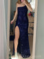 Popular Navy Blue Sequins One Shoulder Side Slit Long Evening Prom Dresses, MR9186