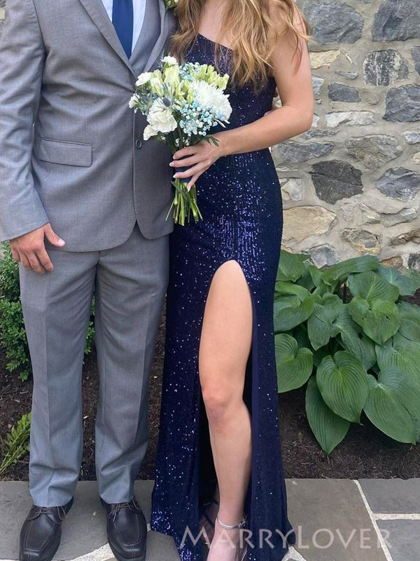 Popular Navy Blue Sequins One Shoulder Side Slit Long Evening Prom Dre MarryLover Popular Navy Blue Sequins One Shoulder Side Slit Long Evening Prom Dre MarryLover