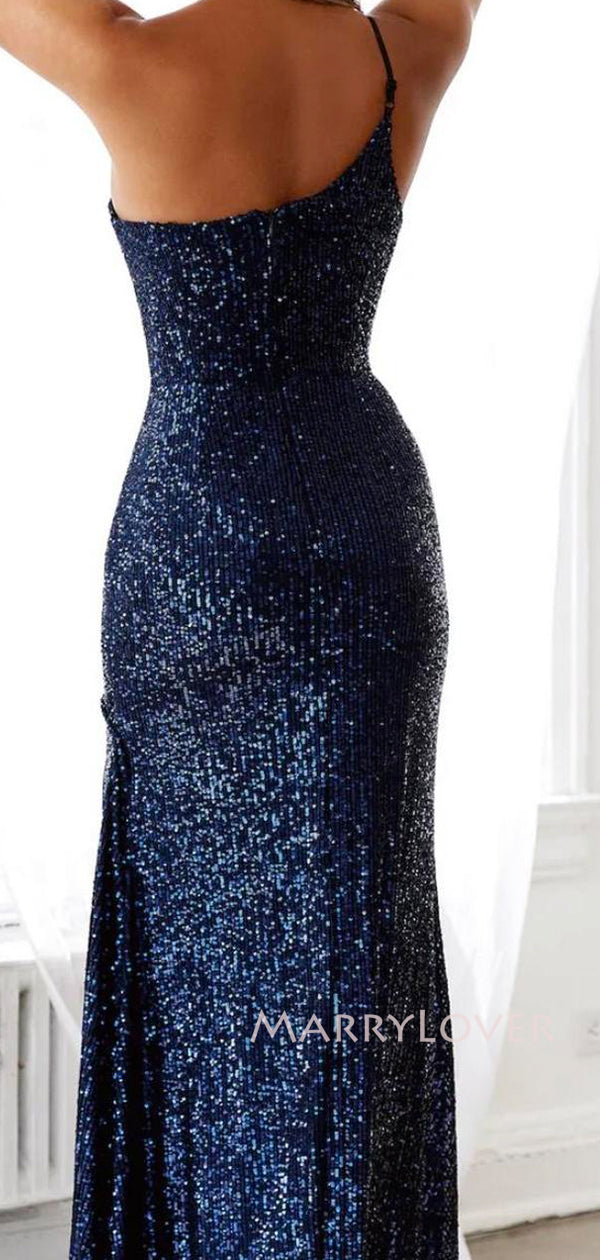 Popular Navy Blue Sequins One Shoulder Side Slit Long Evening Prom Dre MarryLover Popular Navy Blue Sequins One Shoulder Side Slit Long Evening Prom Dre MarryLover