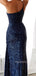 Popular Navy Blue Sequins One Shoulder Side Slit Long Evening Prom Dresses, MR9186