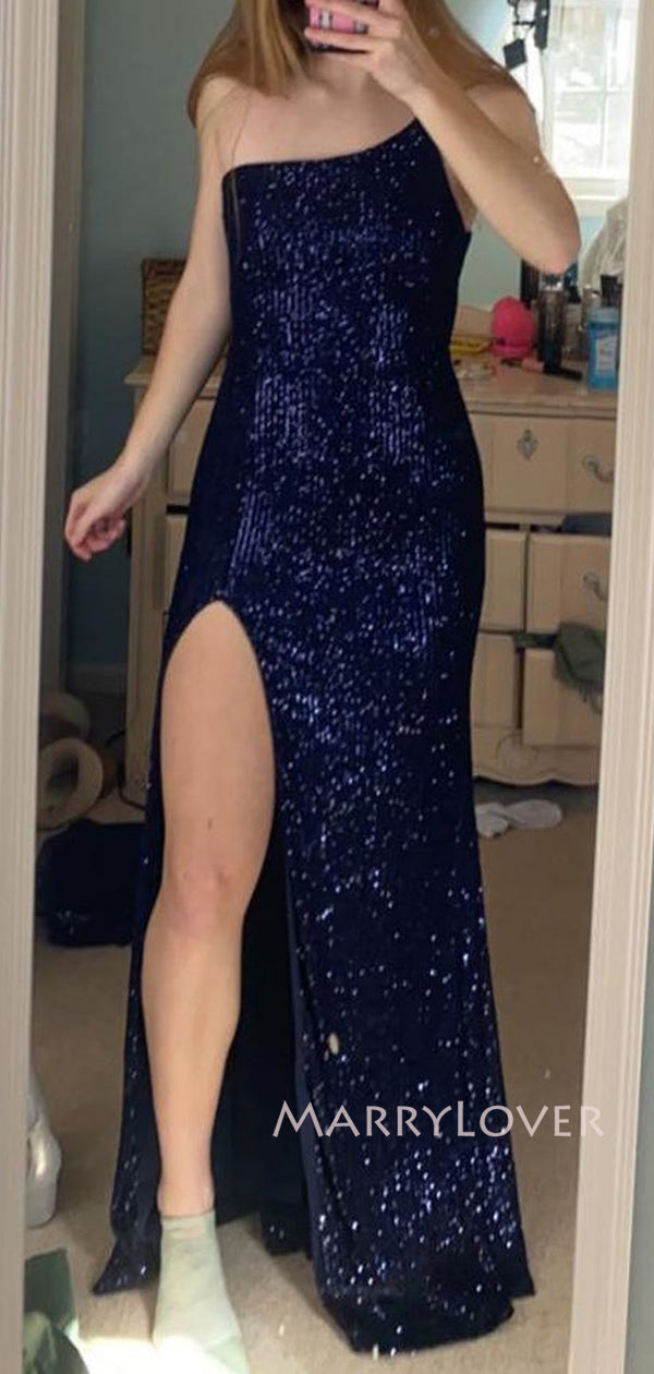Popular Navy Blue Sequins One Shoulder Side Slit Long Evening Prom Dre MarryLover Popular Navy Blue Sequins One Shoulder Side Slit Long Evening Prom Dre MarryLover