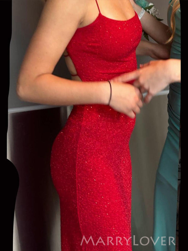 Backless Red Sparkly Sheath Mermaid Long Evening Prom Dresses, MR9187