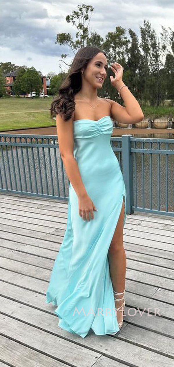 Gorgeous Baby Blue Satin Side Slit Spaghetti Straps Long Evening Prom MarryLover Gorgeous Baby Blue Satin Side Slit Spaghetti Straps Long Evening Prom MarryLover
