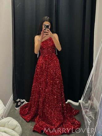 Dark Red Sequins A-line One Shoulder Sparkly Long Evening Prom Dresses, MR9190