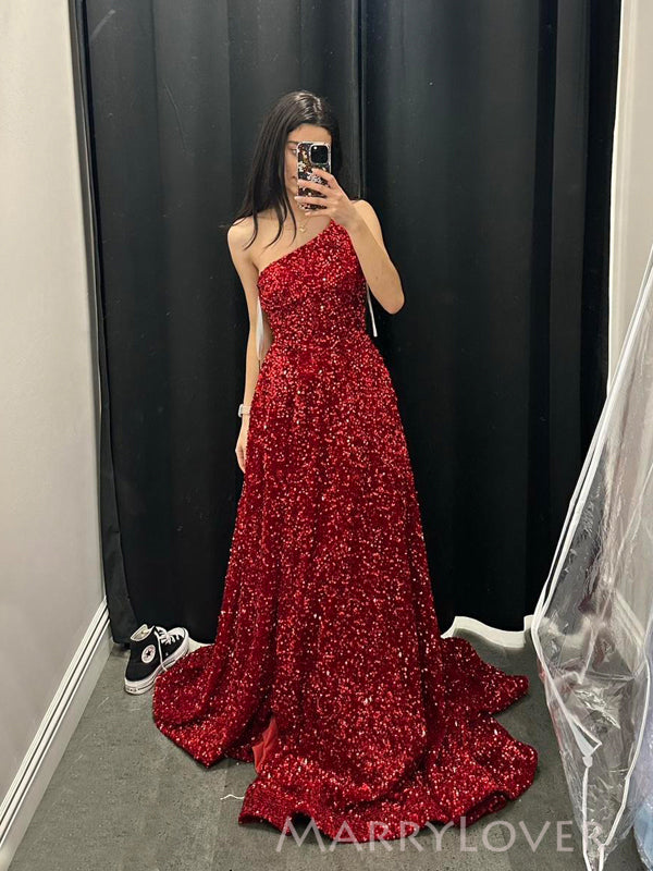 Dark Red Sequins A-line One Shoulder Sparkly Long Evening Prom Dresses MarryLover Dark Red Sequins A-line One Shoulder Sparkly Long Evening Prom Dresses MarryLover