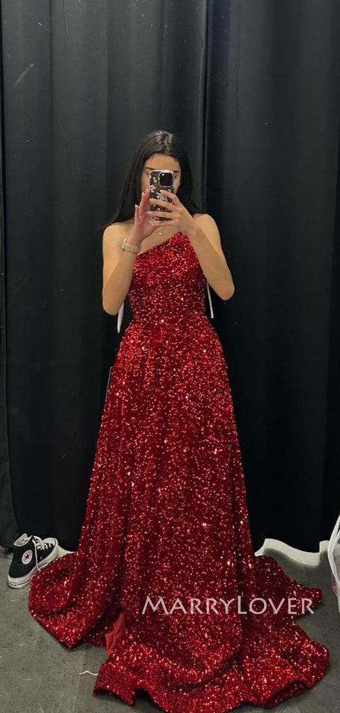 Dark Red Sequins A-line One Shoulder Sparkly Long Evening Prom Dresses – MarryLover