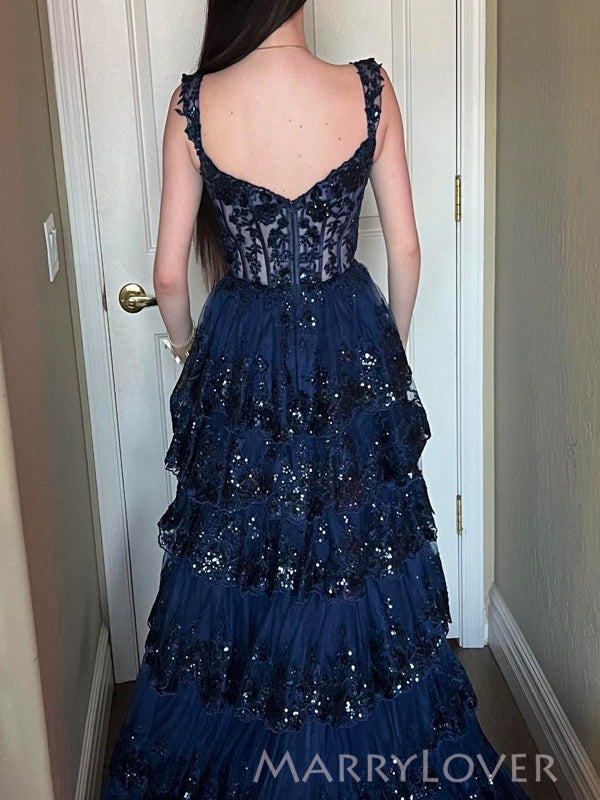 Unique Navy Blue Tulle Appliques A-line Off Shoulder Long Evening Prom MarryLover Unique Navy Blue Tulle Appliques A-line Off Shoulder Long Evening Prom MarryLover