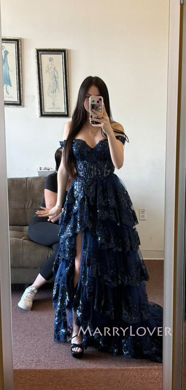 Unique Navy Blue Tulle Appliques A-line Off Shoulder Long Evening Prom MarryLover Unique Navy Blue Tulle Appliques A-line Off Shoulder Long Evening Prom MarryLover