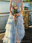 Floor-length A-line Blue Tulle Appliques Side Slit Long Evening Prom Dresses, MR9193