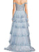 Floor-length A-line Blue Tulle Appliques Side Slit Long Evening Prom Dresses, MR9193