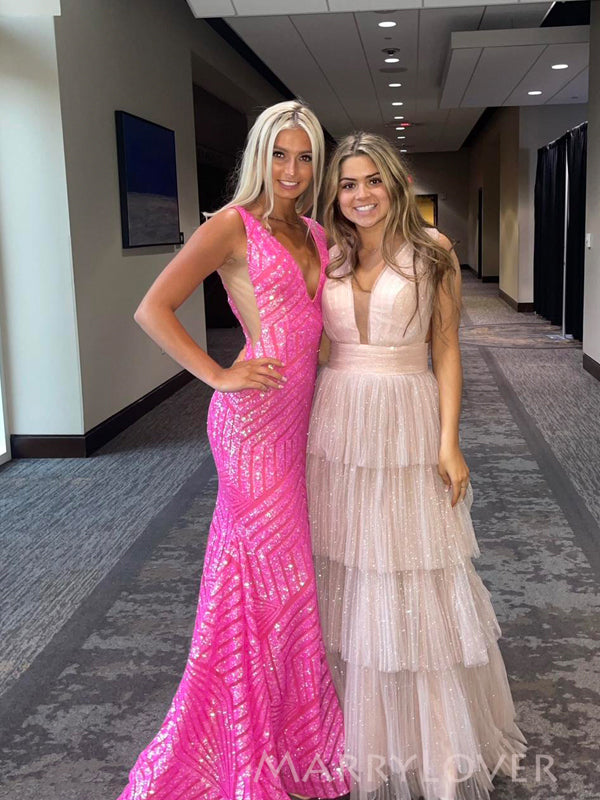 Hot Pink Sparkly Sequins Mermaid V-neck Long Evening Prom Dresses, V-b MarryLover Hot Pink Sparkly Sequins Mermaid V-neck Long Evening Prom Dresses, V-b MarryLover