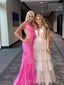 Hot Pink Sparkly Sequins Mermaid V-neck Long Evening Prom Dresses, V-back Prom Dress, MR9200