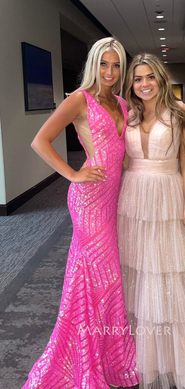 Hot Pink Sparkly Sequins Mermaid V-neck Long Evening Prom Dresses, V-b MarryLover Hot Pink Sparkly Sequins Mermaid V-neck Long Evening Prom Dresses, V-b MarryLover