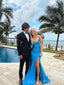 Sheath Mermaid Blue Spaghetti Straps Backless Long Evening Prom Dresses, MR9202