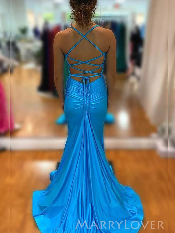 Sheath Mermaid Blue Spaghetti Straps Backless Long Evening Prom Dresses, MR9202