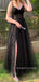 V-neck Black Tulle A-line Long Evening Prom Dresses, Side Slit Custom Prom Dress, MR9210