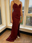 Burgundy Mermaid Side Slit Long Evening Prom Dresses, Chep Prom Dress, MR9211