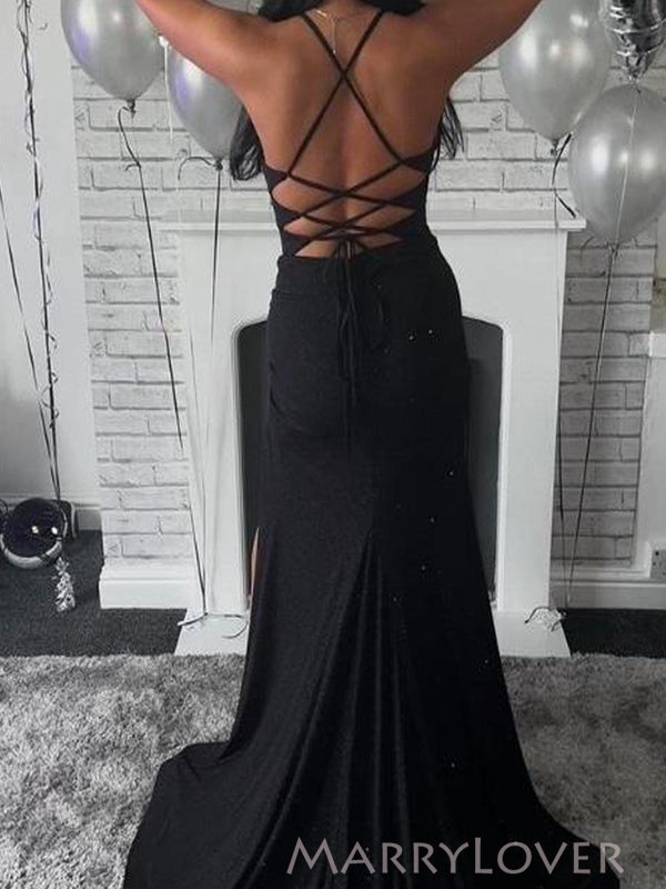 Sparkly Black Mermaid Long Evening Prom Dresses, Sheath Spaghetti Straps Prom Dress, MR9214