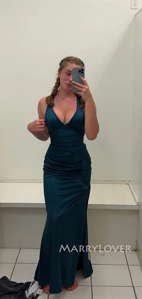 Deep V-neck Mermaid Long Evening Prom Dresses, Soft Satin Prom Dress, MR9216