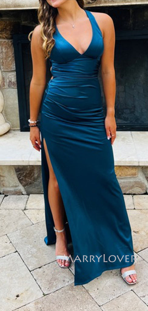 High Slit Blue Soft Satin Long Evening Prom Dresses, Mermaid Prom Dress, MR9217