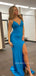 Blue Sheath Mermaid Spaghetti Straps Long Evening Prom Dresses, V-neck Custom Prom Dress, MR9218