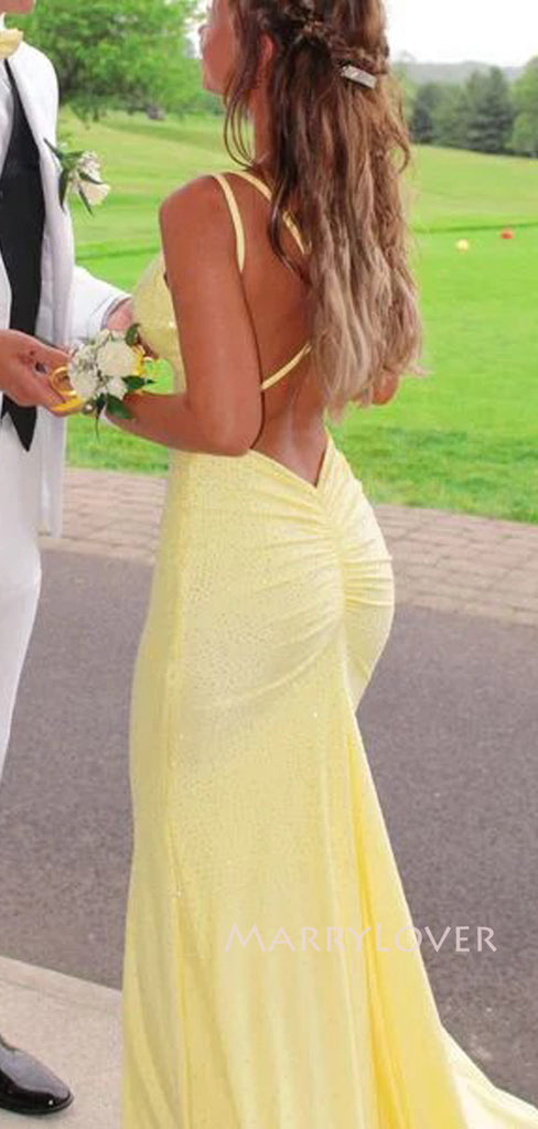 Yellow Backless Mermaid Sparkly V-neck Long Evening Prom Dresses, MR9220