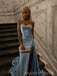 Sweetheart Dusty Blue Satin Beaded Long Evening Prom Dresses, High Slit Prom Dress, MR9222