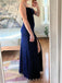 Simple Navy Blue Sheath Side Slit Long Evening Prom Dresses, MR9223
