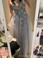 Blue Tulle Appliques V-neck Long Evening Prom Dresses, A-line Custom Prom Dress, MR9230