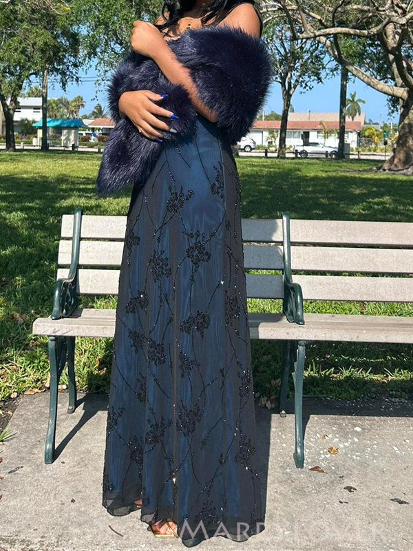 Black Blue Spaghetti Straps V-neck Tulle Long Evening Prom Dresses, MR MarryLover Black Blue Spaghetti Straps V-neck Tulle Long Evening Prom Dresses, MR MarryLover